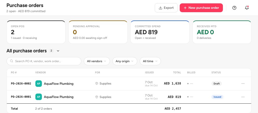 The Purchase orders list with the status filter, the Export button and the New purchase order button