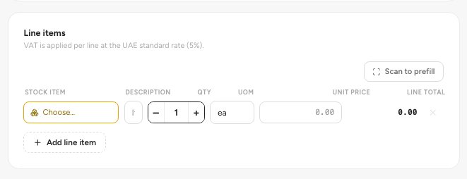The Line items section with stock item, quantity, unit price and line total