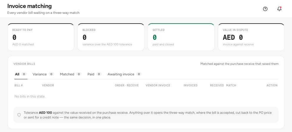 The Invoice matching screen with the vendor bills waiting for a three-way match