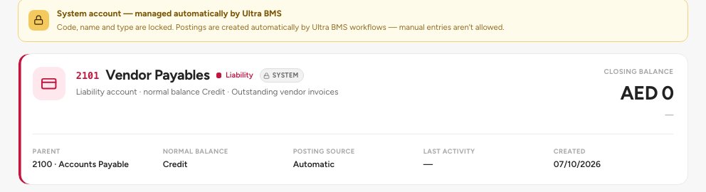The Vendor Payables account, with its closing balance and the Posting source Automatic
