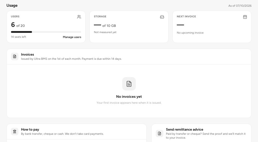 The Usage meters, the Invoices table and the How to pay card