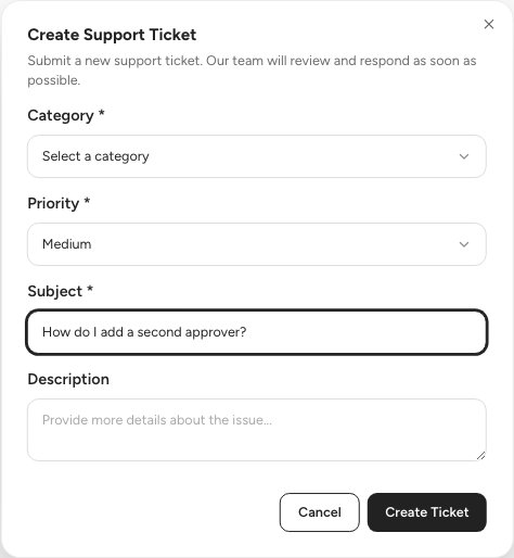 The Create Support Ticket dialog with the Category, Priority, Subject and Description fields