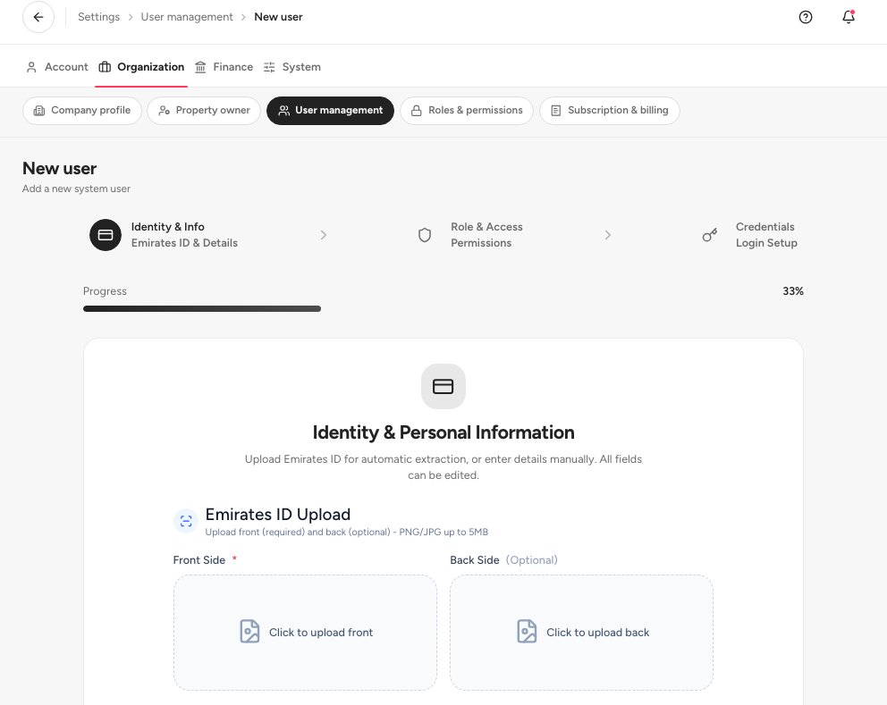 The first step of the new user form, where the Emirates ID front is uploaded