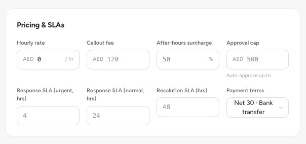 The Pricing and SLAs section with rates, approval cap and response times